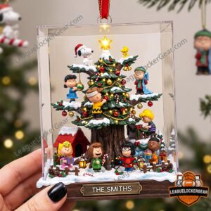 Peanuts personalized Christmas tree acrylic ornament - front view with character scene