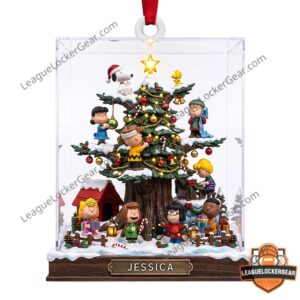 Hanging acrylic ornament displayed with red ribbon and holiday characters