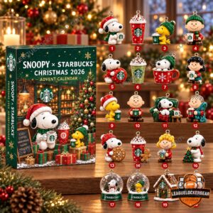 Peanuts Snoopy x Starbucks Christmas 2026 Advent Calendar - full box and ornament lineup