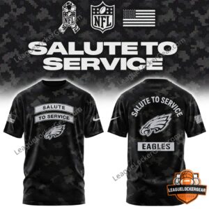 Philadelphia Eagles Salute to Service 2026 T-Shirt - front and back views with camouflage graphics