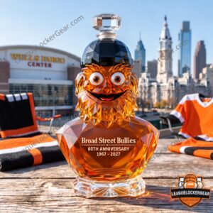 Philadelphia Flyers Broad Street Bullies 60th Anniversary Crystal Decanter - front view with engraved