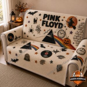 Front view showing Pink Floyd lettering, prism, clocks, and rainbow stripes
