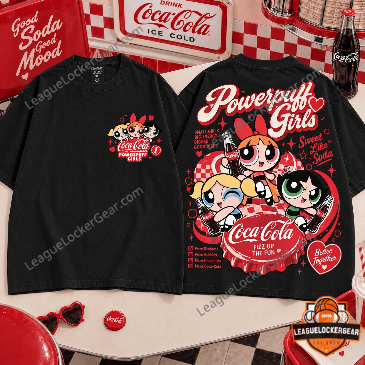 Powerpuff Girls Coca-Cola Retro Soda Vibes T-Shirt - black colourway, one of the available colour options
