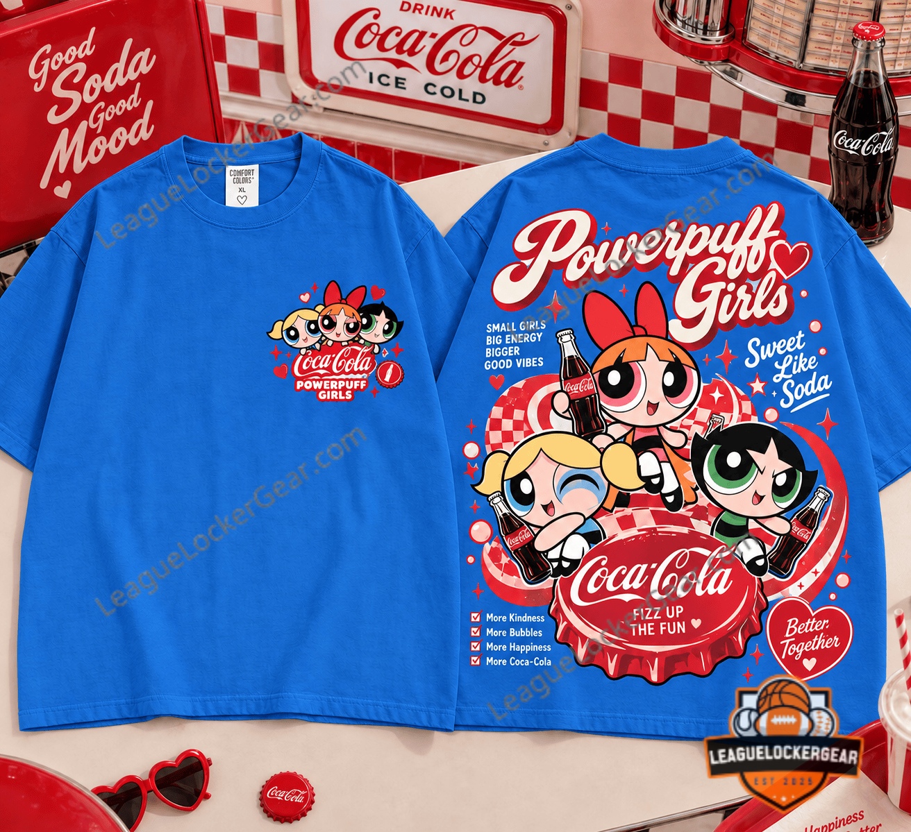 Powerpuff Girls Coca-Cola Retro Soda Vibes T-Shirt - blue colourway, one of the available colour options