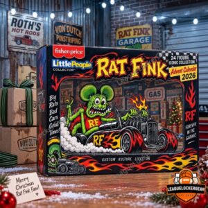 Rat Fink 2026 advent calendar box front with hot rod artwork