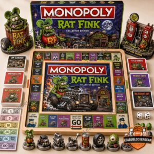Rat Fink 2026 Monopoly Board Game with board, box, cards, tokens, and accessories