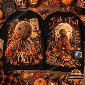 Sam Trick 'r Treat Halloween 2026 Horror T-Shirt - back view with pumpkin scene and lettering