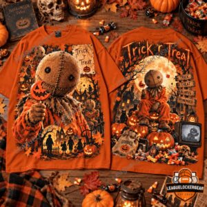 Sam Trick 'r Treat Halloween 2026 Horror T-Shirt - front view with Sam and jack-o'-lantern artwork
