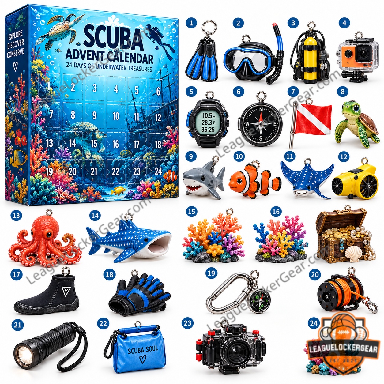 Scuba Diving 2026 Advent Calendar - full box and 24 numbered underwater accessories