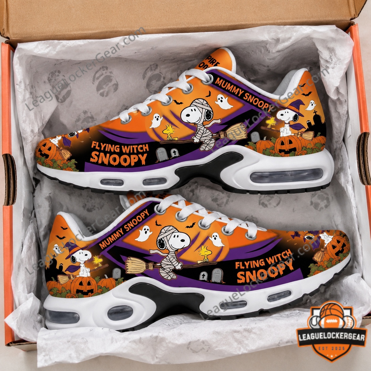 Snoopy Flying Witch Mummy Halloween 2026 Sneakers - the pair in the box, showing the air-cushioned sole