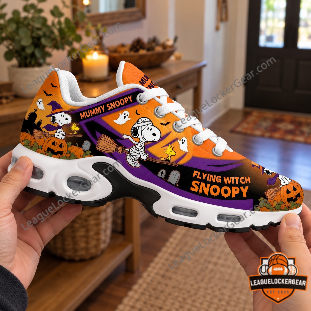 Snoopy Flying Witch Mummy Halloween 2026 Sneakers - single shoe held up to show the printed side panel