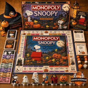 Snoopy Halloween 2026 Monopoly Board Game - complete set displayed with board, box, cards, tokens, and dice