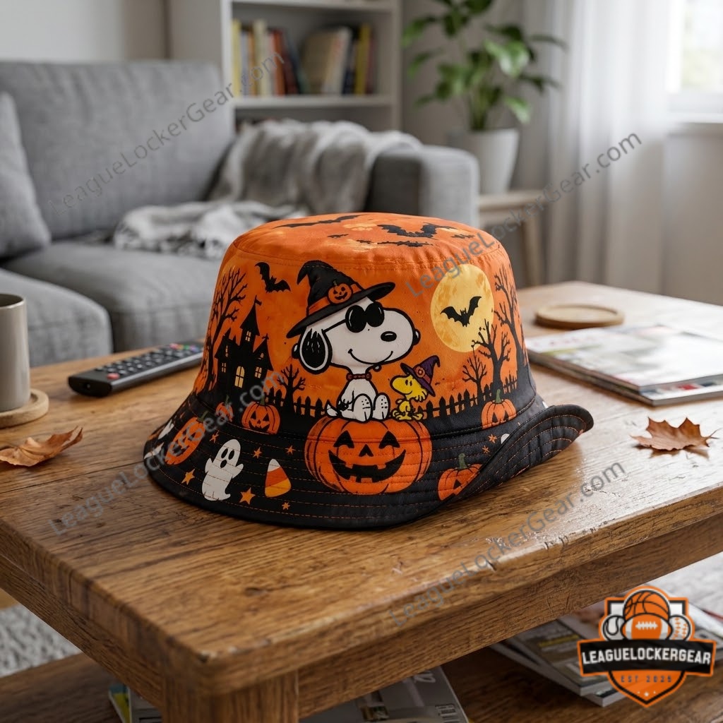 Snoopy Spooky Halloween Bucket Hat 2026 - side views showing haunted Halloween pattern