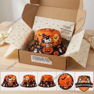 Snoopy Spooky Halloween Bucket Hat 2026 - top view with bats and moon graphics