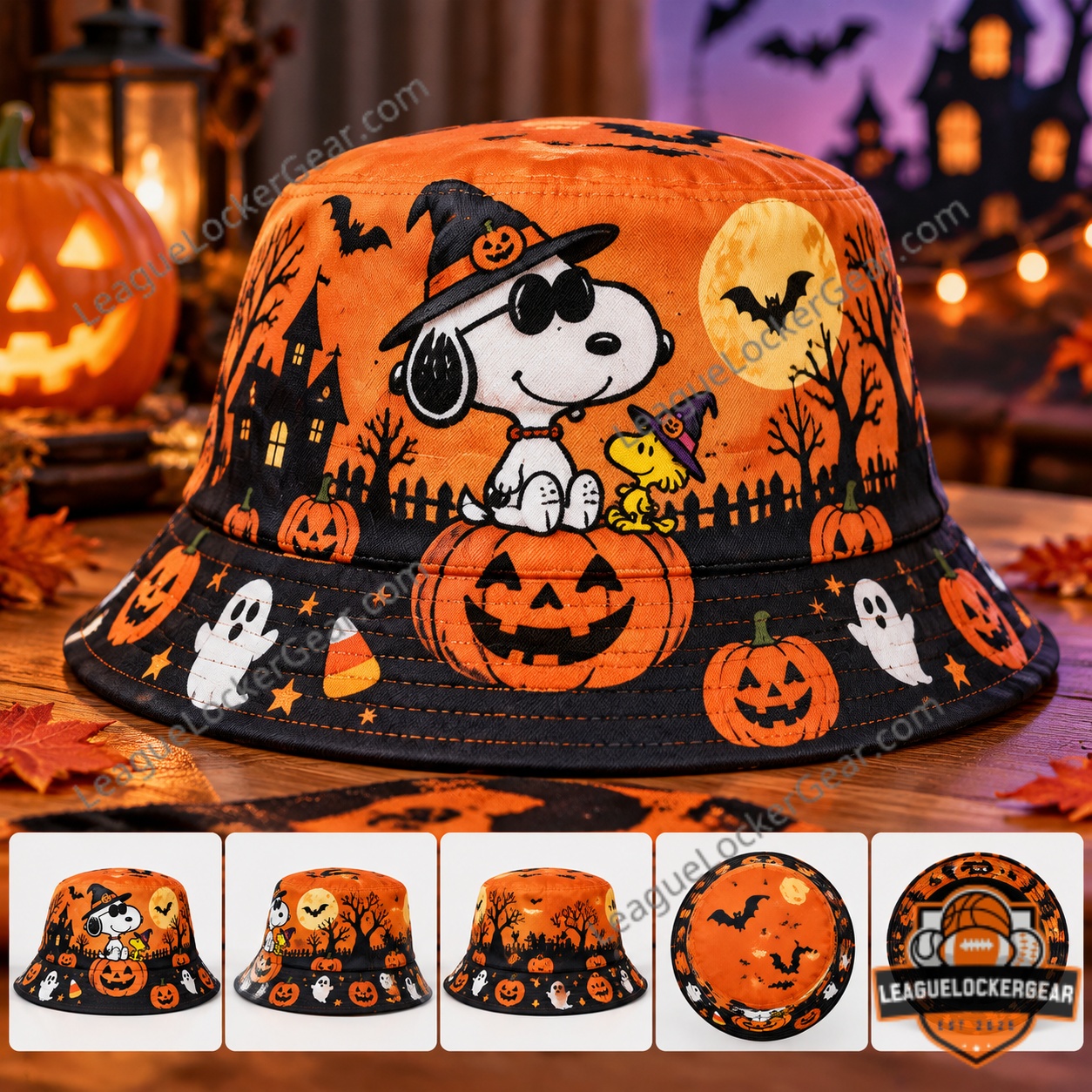 Snoopy Spooky Halloween Bucket Hat 2026 - front view with Snoopy and Woodstock graphic