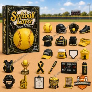 Softball Lover 24 Acrylic Ornaments Advent Calendar 2026 - box and softball-themed ornaments displayed