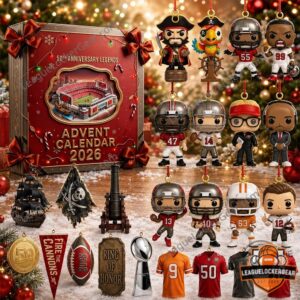 Tampa Bay Buccaneers 50th Anniversary Legends 2026 Advent Calendar - front cover with football figures