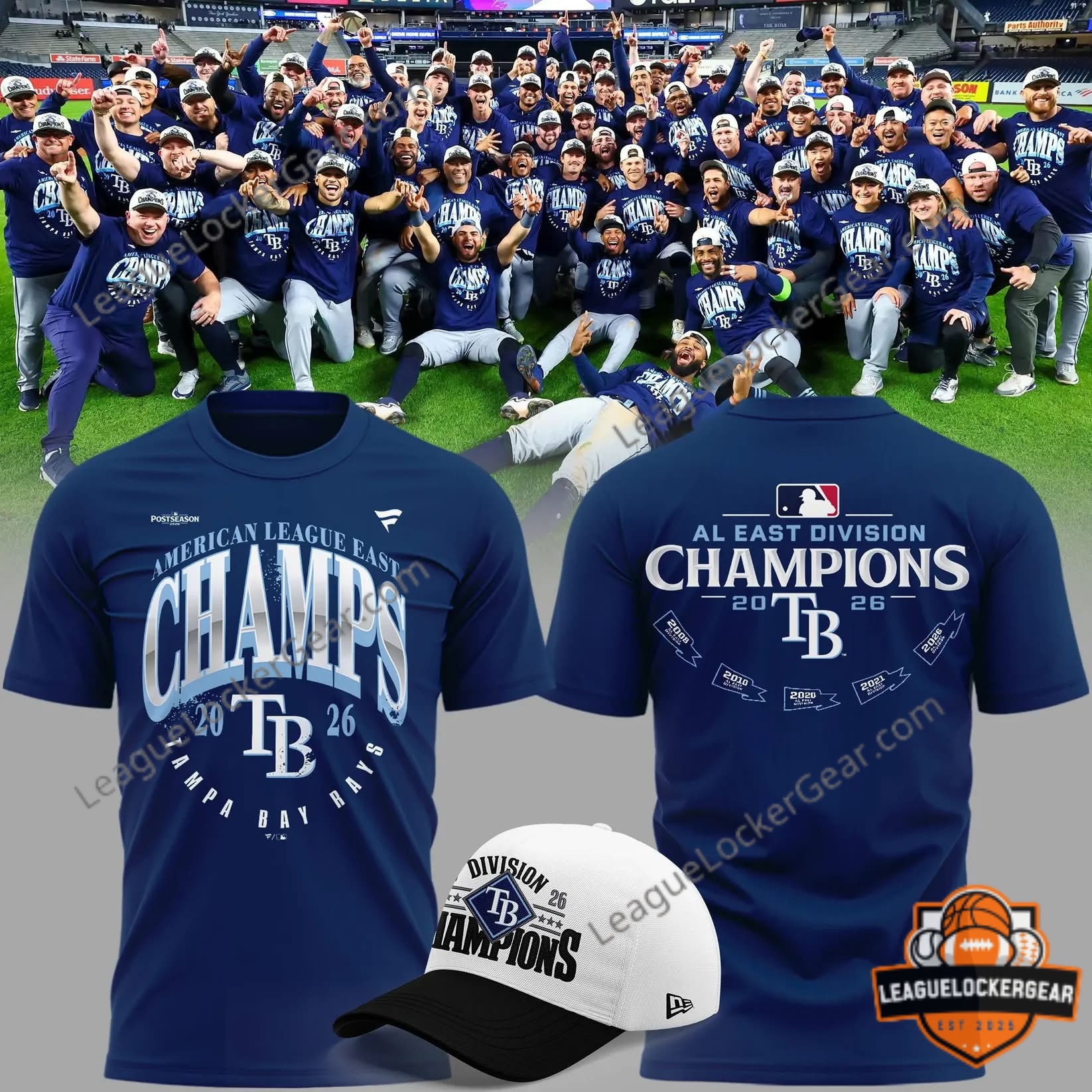 Tampa Bay Rays 2026 American League East Division Champions T-Shirt and Cap - front product display
