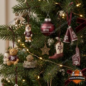 Numbered Texas A&M miniature collectibles displayed beside the advent calendar box