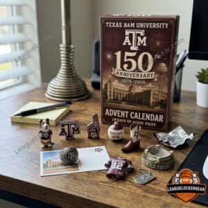 Close-up of maroon university-themed figures, ornaments, apparel, and landmarks