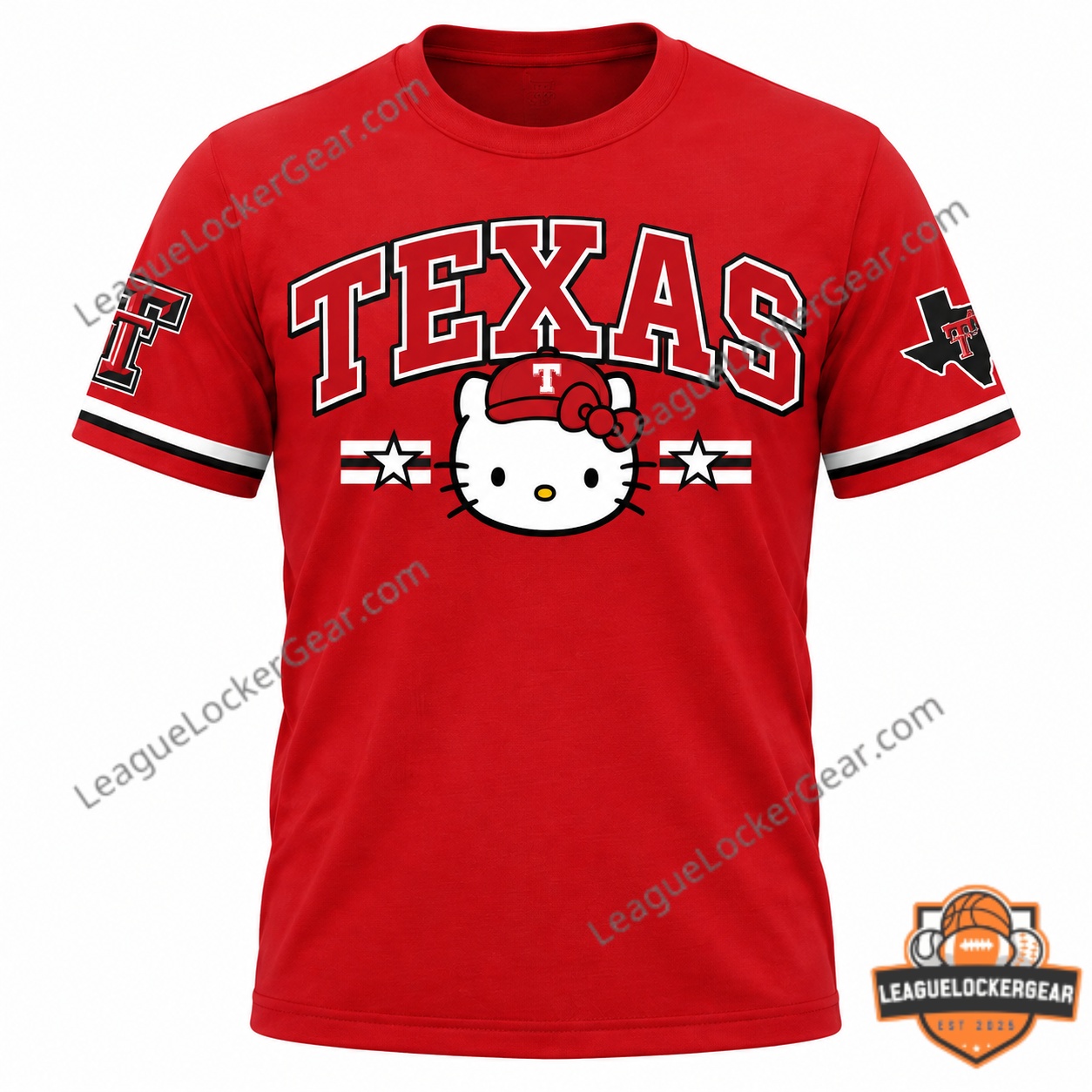 Texas Rangers Hello Kitty Collaboration Viva Tejas T-Shirt - front graphic with Texas lettering