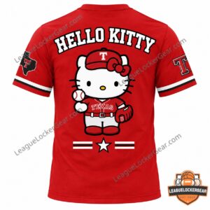 Texas Rangers Hello Kitty Collaboration Viva Tejas T-Shirt - back graphic featuring Hello Kitty baseball