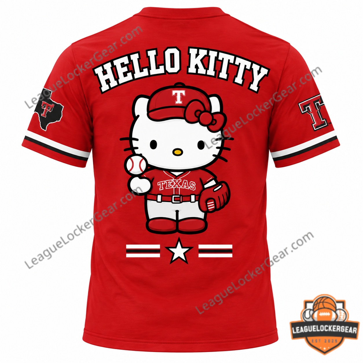 Texas Rangers Hello Kitty Collaboration Viva Tejas T-Shirt - back graphic featuring Hello Kitty baseball