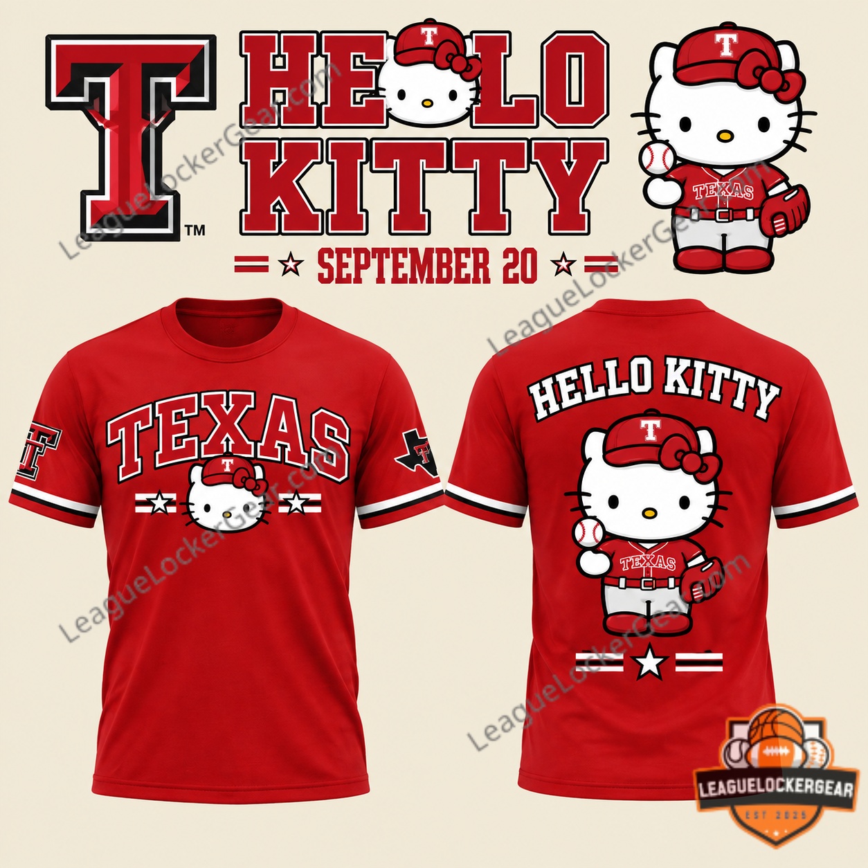 Texas Rangers Hello Kitty Collaboration Viva Tejas T-Shirt - front and back views
