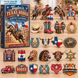 Texas Rodeo 2026 Personalized Advent Calendar - box and ornament designs displayed