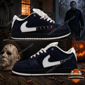 Travis Scott X Michael Myers Slashers Halloween Bloody Sneakers - side profile with white swoosh and blood