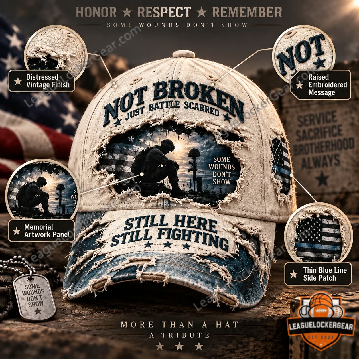 Close detail of the raised 3D embroidery on the awareness cap