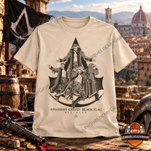 Will Ospreay Assassin's Creed Black Flag Resynced T-Shirt - front view with character artwork and printed