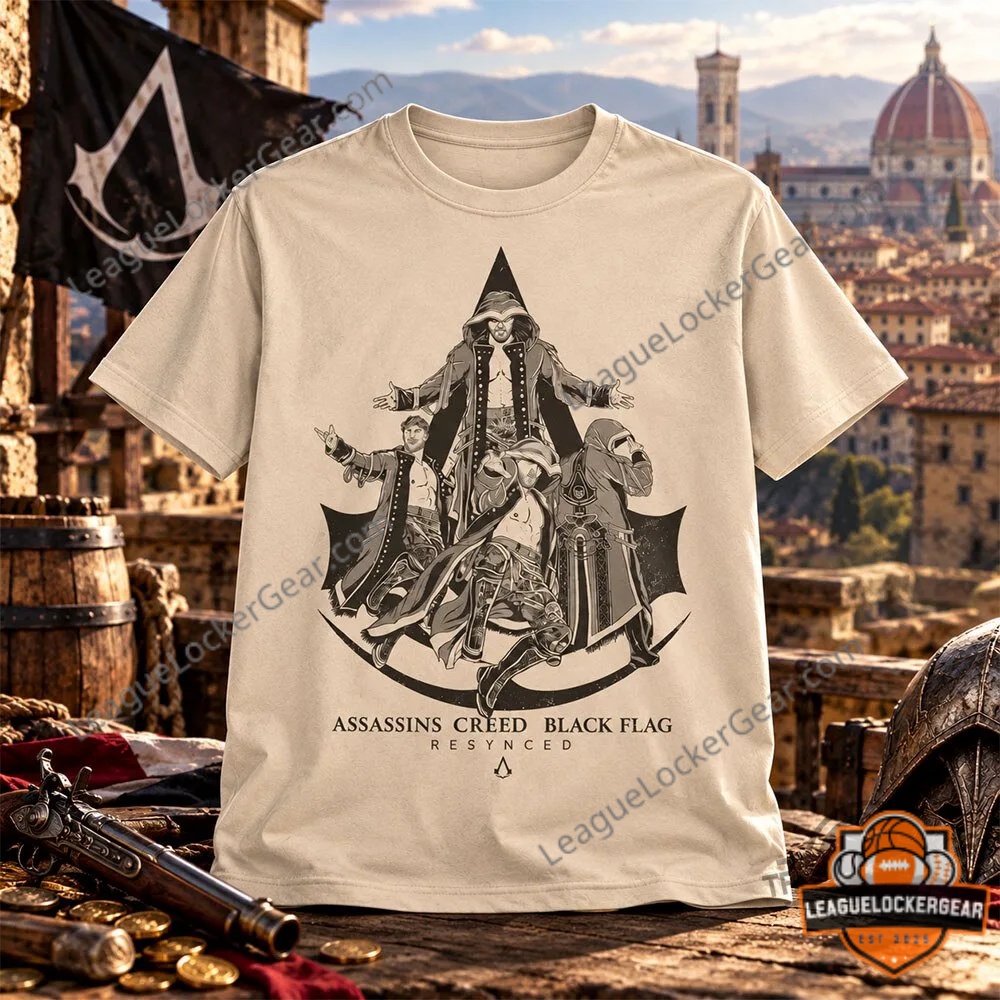 Will Ospreay Assassin's Creed Black Flag Resynced T-Shirt - front view with character artwork and printed