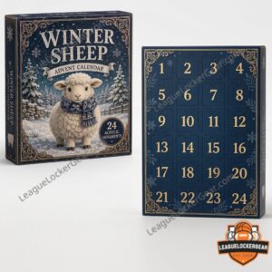 Winter Sheep 24 Acrylic Ornaments Advent Calendar 2026 - close view of navy winter-themed box