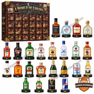 A World Of Cheers advent calendar with 24 assorted miniature drink bottles displayed