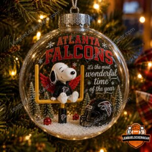 Atlanta Falcons Snoopy Christmas Globe Ornament - front view showing Snoopy, helmet, and snowy scene