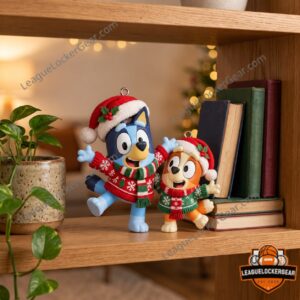 Bluey and Bingo Christmas 2026 Figure Ornament - front view showing both characters in festive outfits
