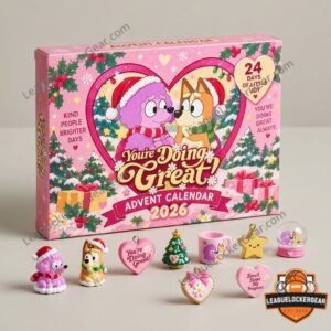 Bluey Coco You're Doing Great 2026 Advent Calendar - complete product layout with package and ornaments