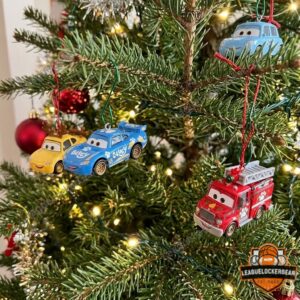 Bluey car designs hanging on a Christmas tree