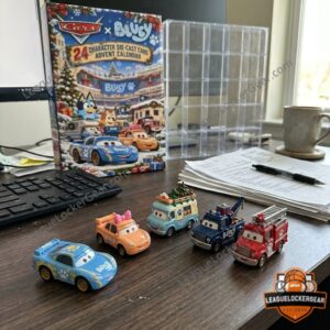 Five Bluey car designs lined up on a desk in front of the box
