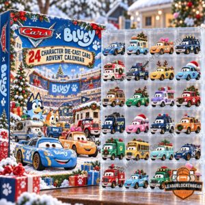 Bluey Cars advent calendar box beside a clear tray of 24 car designs