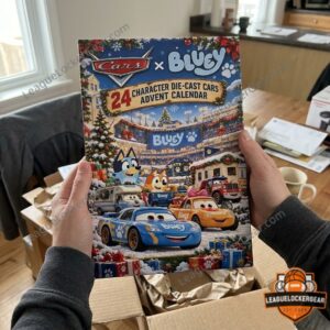 Hands holding the Bluey Cars advent calendar over its shipping box