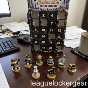 Boston Bruins Christmas 2026 Advent Calendar - opened box on a desk with Blades the Bruin and players