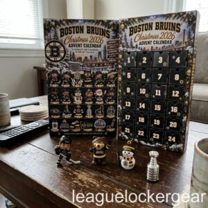 Boston Bruins Christmas 2026 Advent Calendar - box on a coffee table with Blades, a snowman and the Cup