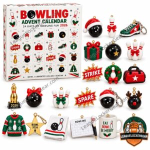 Bowling Christmas 2026 Advent Calendar - box and bowling-themed holiday ornaments displayed together