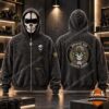 Washed black skull balaclava zip-up hoodie, front with mask up and Bravo Six emblem on the back