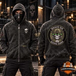 Man wearing the skull balaclava zip-up hoodie with the hood up, front and back