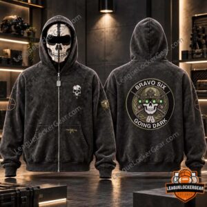 Washed black skull balaclava zip-up hoodie, front with mask up and Bravo Six emblem on the back