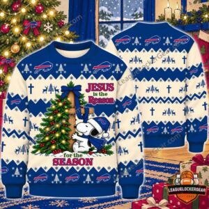 Bills Snoopy Jesus is the Reason sweatshirt front and back by a Christmas tree