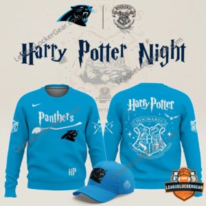 Carolina Panthers Harry Potter Night 2026 Sweatshirt - front and back views with blue cap